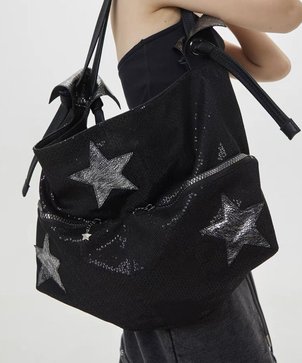 Sacs à bandoulière à paillettes noires à cinq branches avec étoiles appliquées DIY - Street-Wave