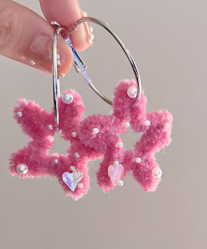 Boucles d'oreilles créoles en acier inoxydable rose à cinq branches en fourrure duveteuse - Street-Wave