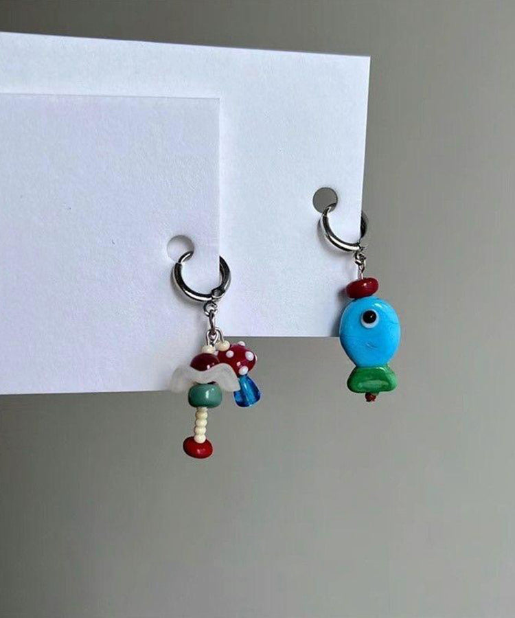 Boucles d'oreilles pendantes asymétriques en acier inoxydable, petits poissons et champignons - Street-Wave