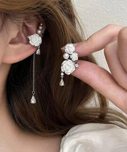 Boucles d'oreilles pendantes asymétriques en cuivre blanc et zircon, perles roses et pompons - Street-Wave