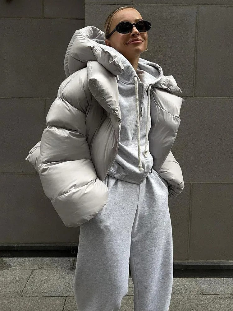 Street-Wave Womens Hooded Down Jacket Short Puffer Warm Urban Winter Coat Lightweight Chic