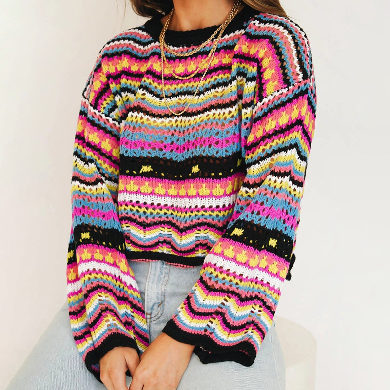 Street-Wave Colorful Patterned Knit Cardigan Acrylic Cozy and Trendy for Women Everyday Wear