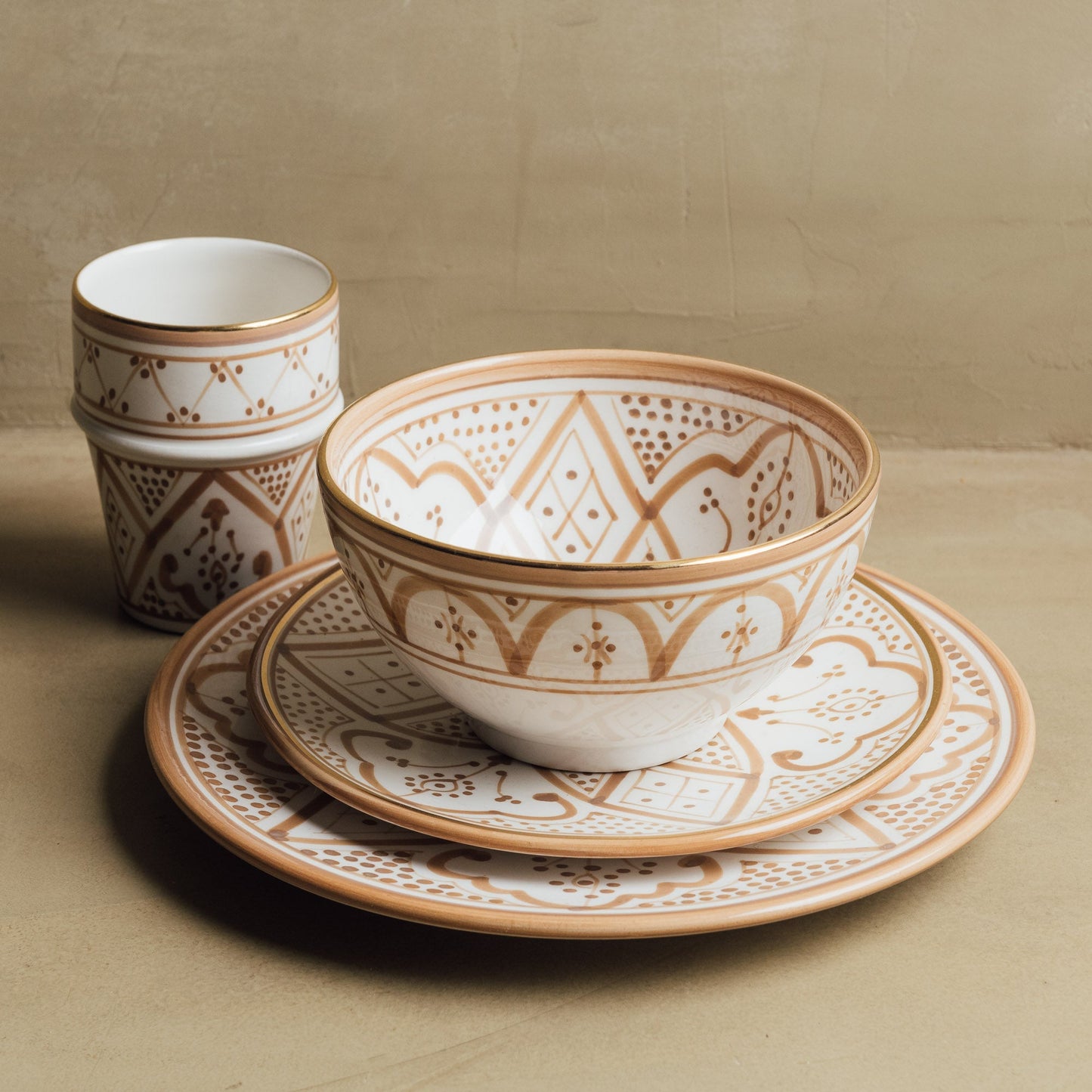 Fez Sand - Moroccan Dinnerware Set Adorned with 12 Carat Gold Accents - Street-Wave