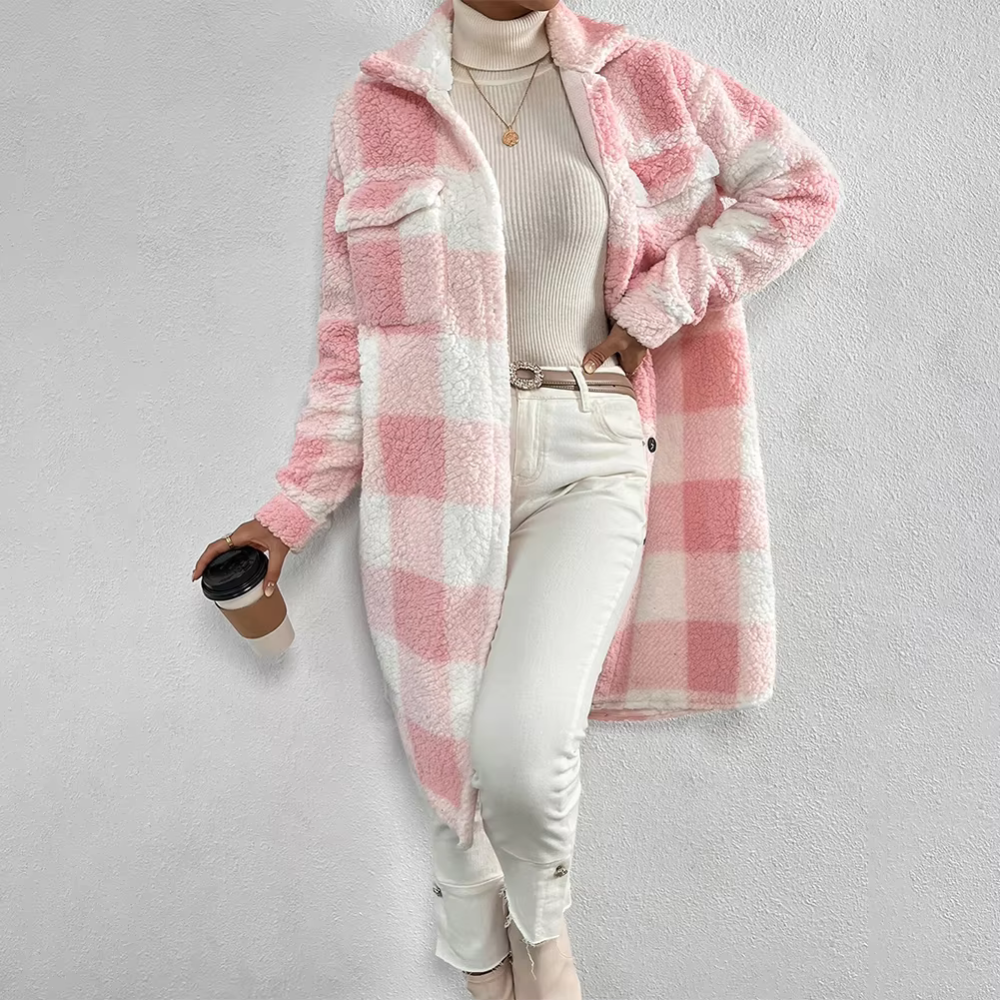 Street-wave Teddy Coat For Women Cozy Black And White Plaid Outerwear For Effortless Chic