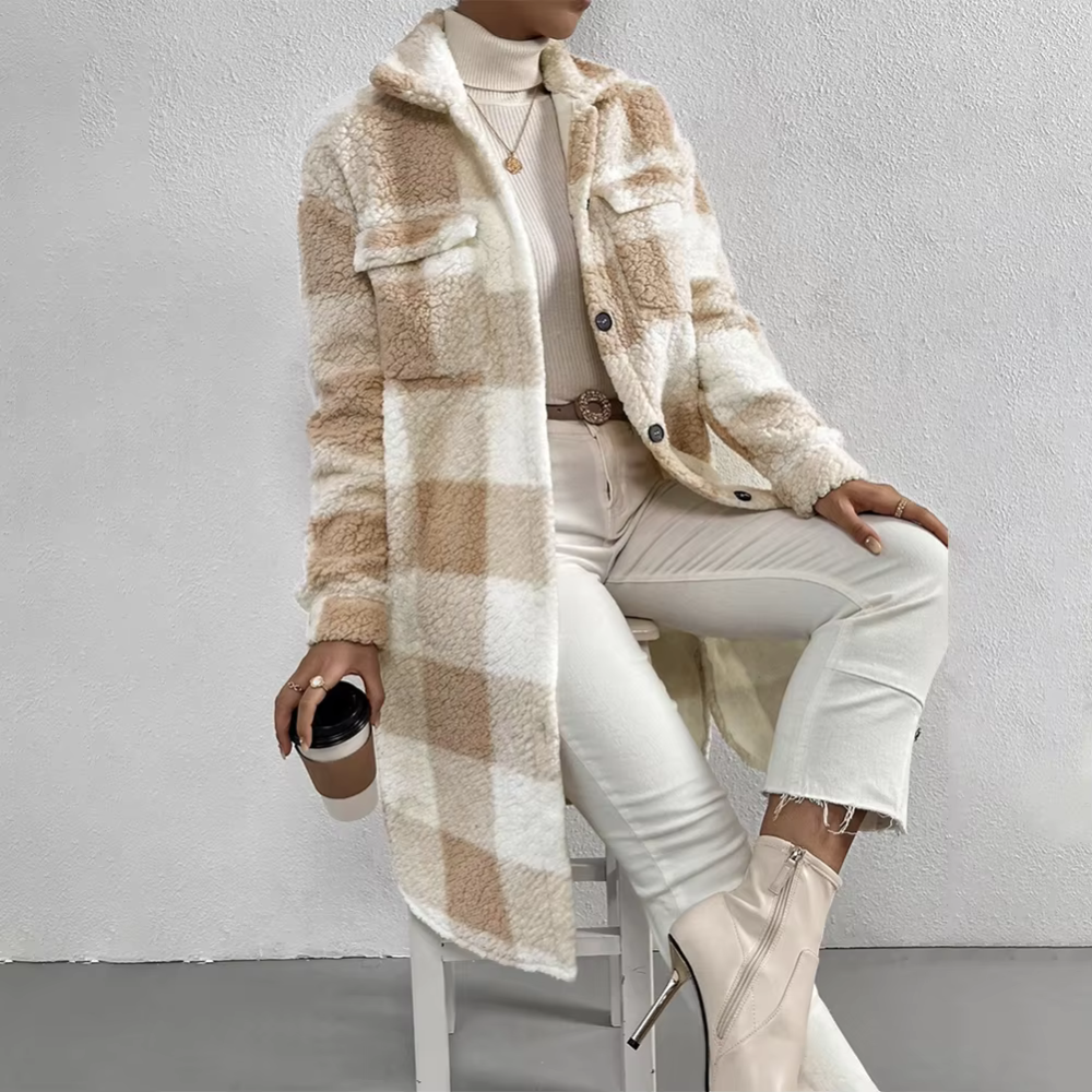 Street-wave Teddy Coat For Women Cozy Black And White Plaid Outerwear For Effortless Chic