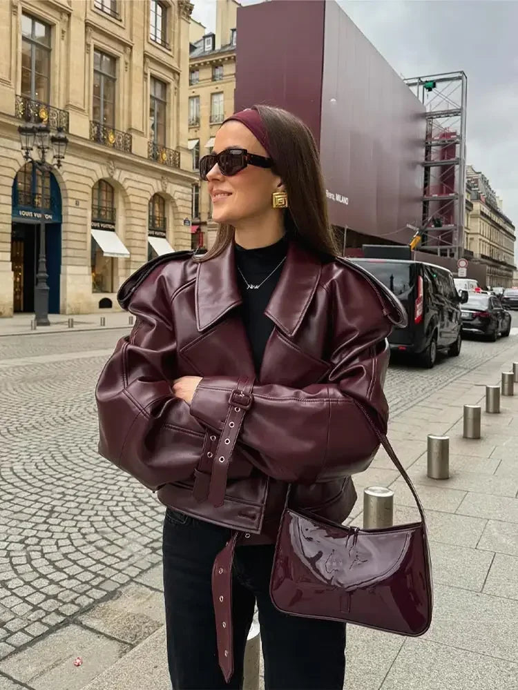 Street Wave Burgundy Short Autumn Jacket With Sleeve Belts For Fashionable Women