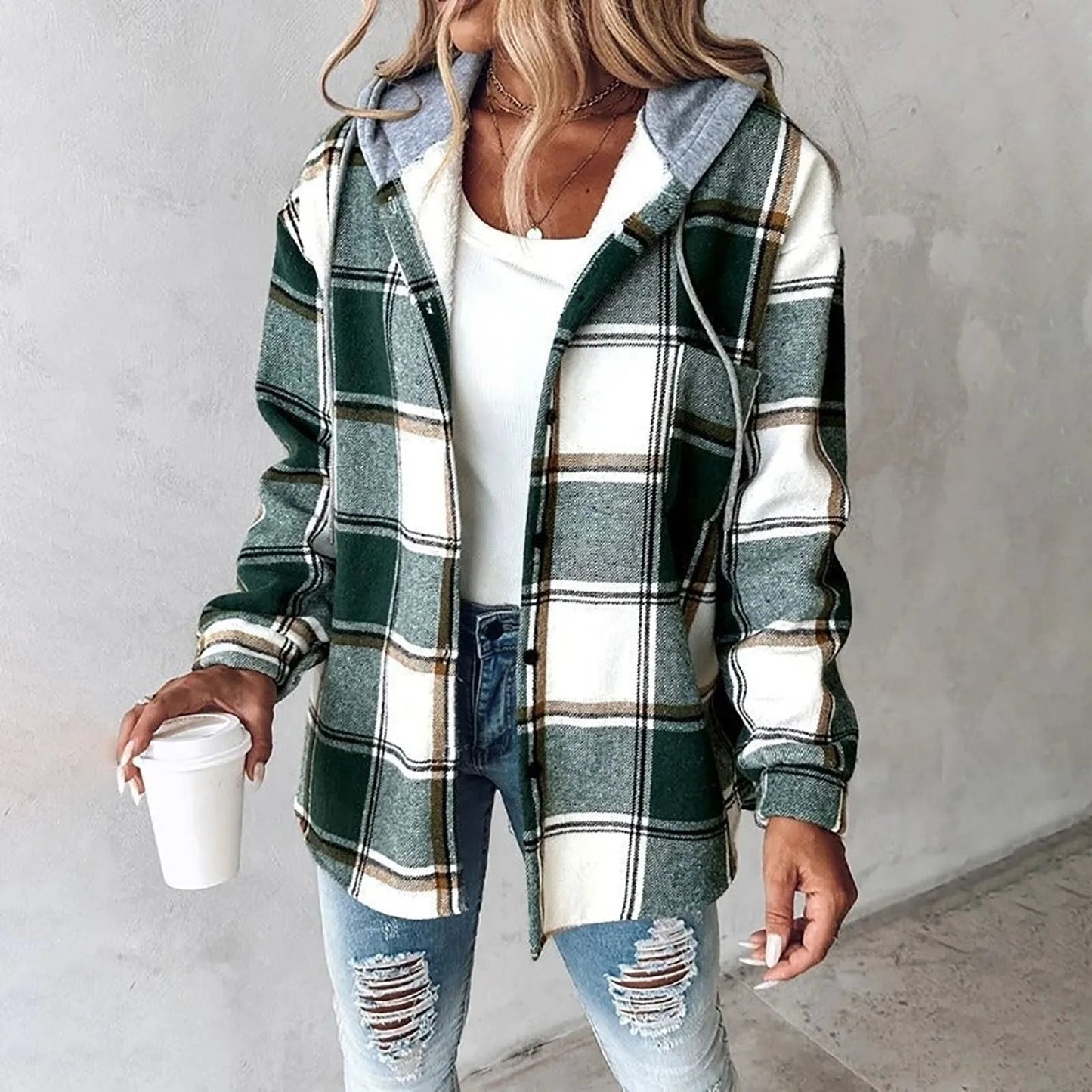 Street-wave Plaid Hooded Zip Front Jacket for Women Warm Cozy Fall Outerwear Seasonal