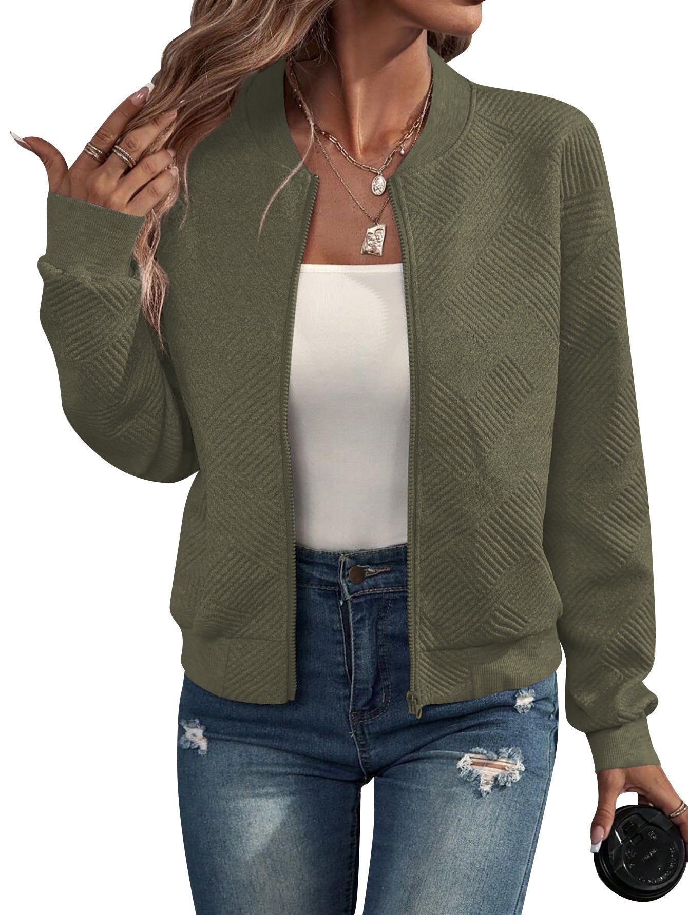 Street-Wave Womens Patterned Zip Front Jacket For Autumn Lightweight Casual Coat