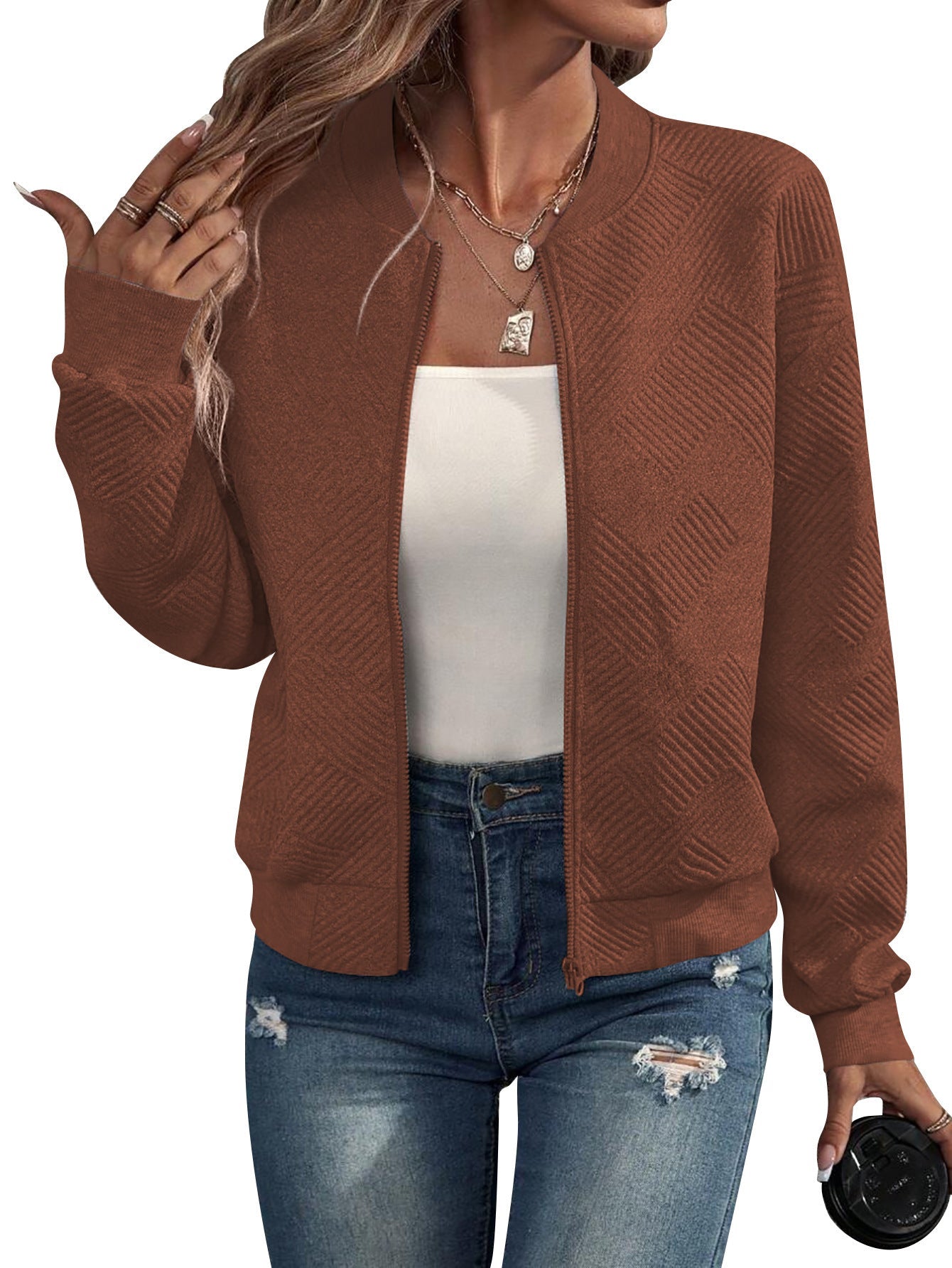 Street-Wave Womens Patterned Zip Front Jacket For Autumn Lightweight Casual Coat