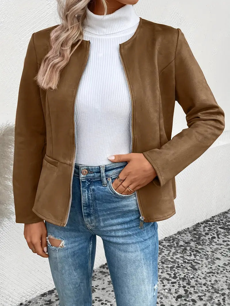 Street-wave Women's Slim Fit Zip Jacket for Fall, Minimalist and Versatile Outerwear