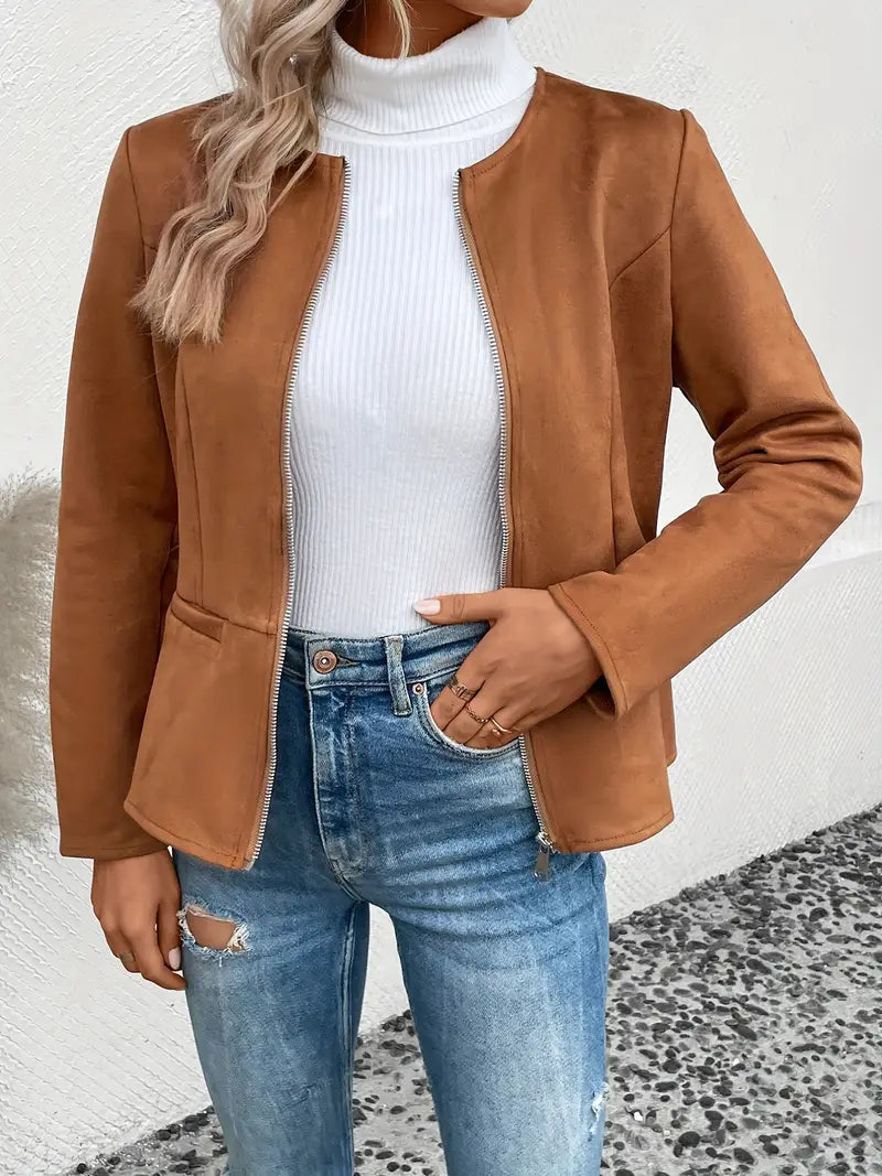 Street-wave Women's Slim Fit Zip Jacket for Fall, Minimalist and Versatile Outerwear