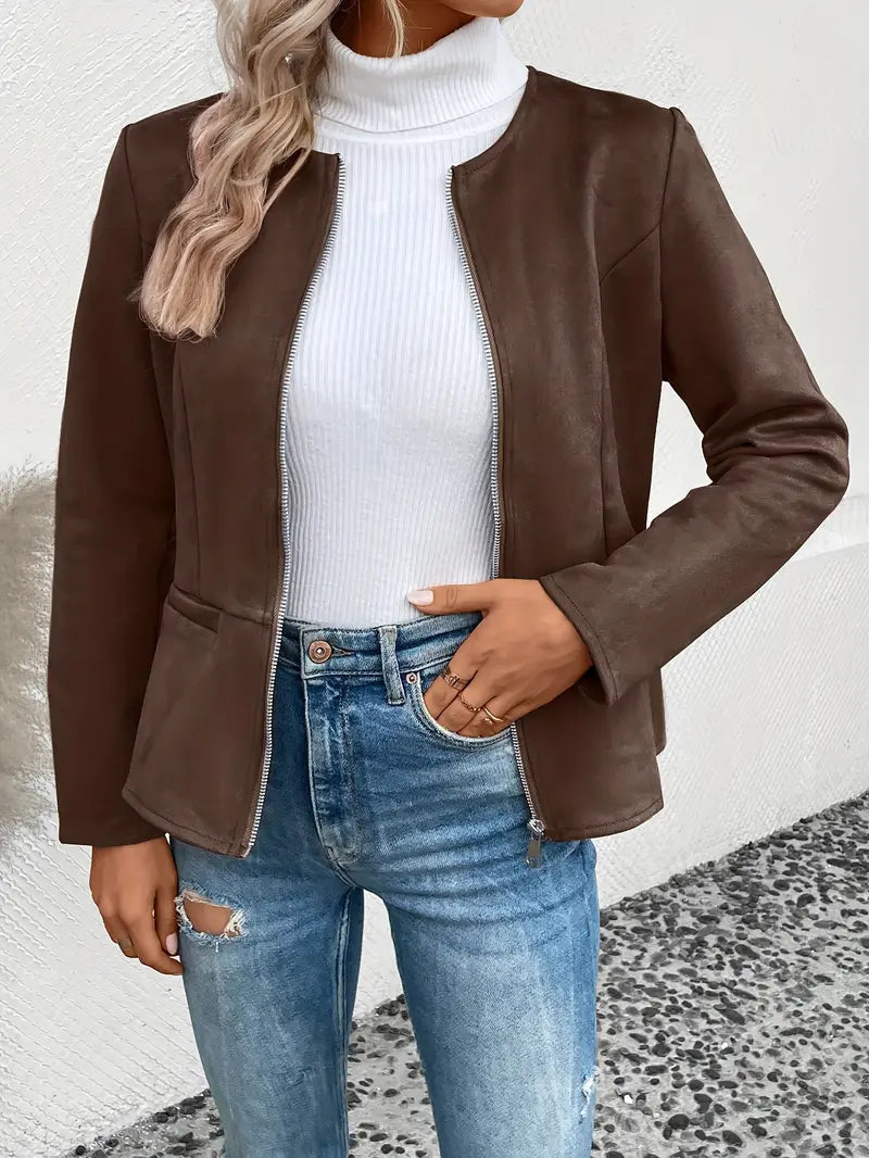 Street-wave Women's Slim Fit Zip Jacket for Fall, Minimalist and Versatile Outerwear