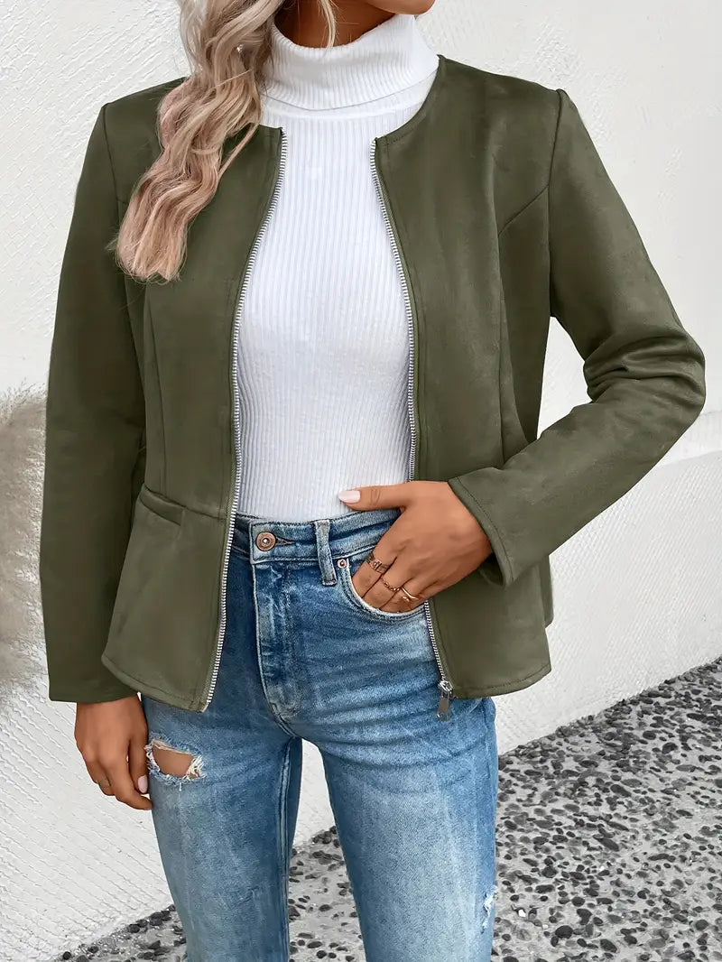 Street-wave Women's Slim Fit Zip Jacket for Fall, Minimalist and Versatile Outerwear