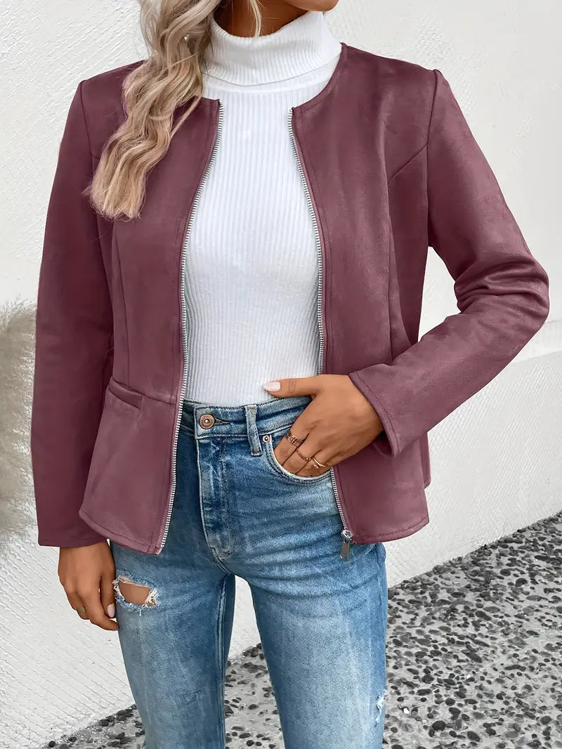 Street-wave Women's Slim Fit Zip Jacket for Fall, Minimalist and Versatile Outerwear
