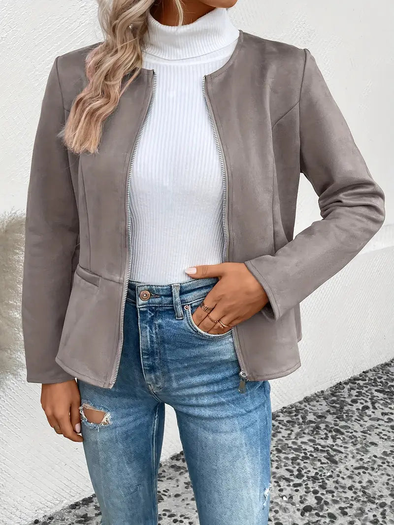 Street-wave Women's Slim Fit Zip Jacket for Fall, Minimalist and Versatile Outerwear