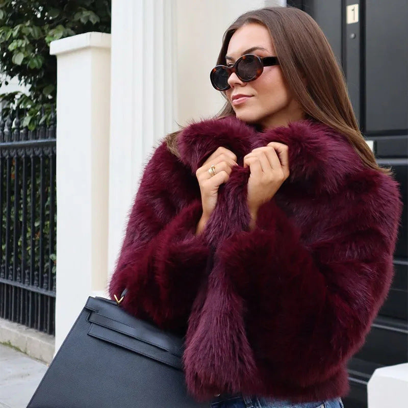 Street-Wave Faux Fur Coat With Large Burgundy Collar For Trendy Women And Evening Luxe Wear
