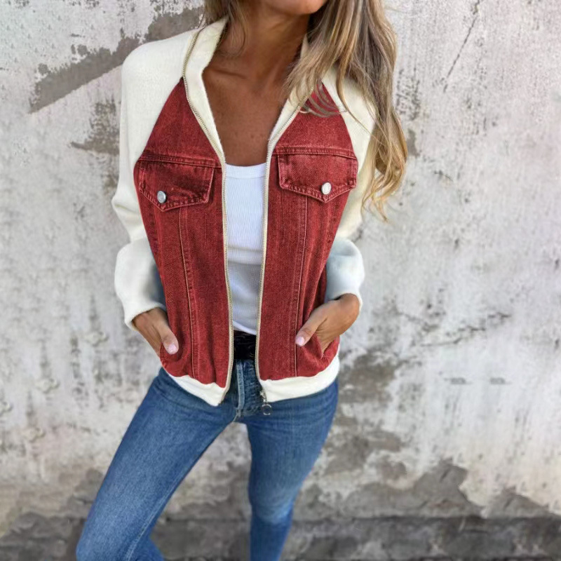 Streetwave Denim Front Jacket With Knit Sleeves For Women Modern Casual Autumn Look