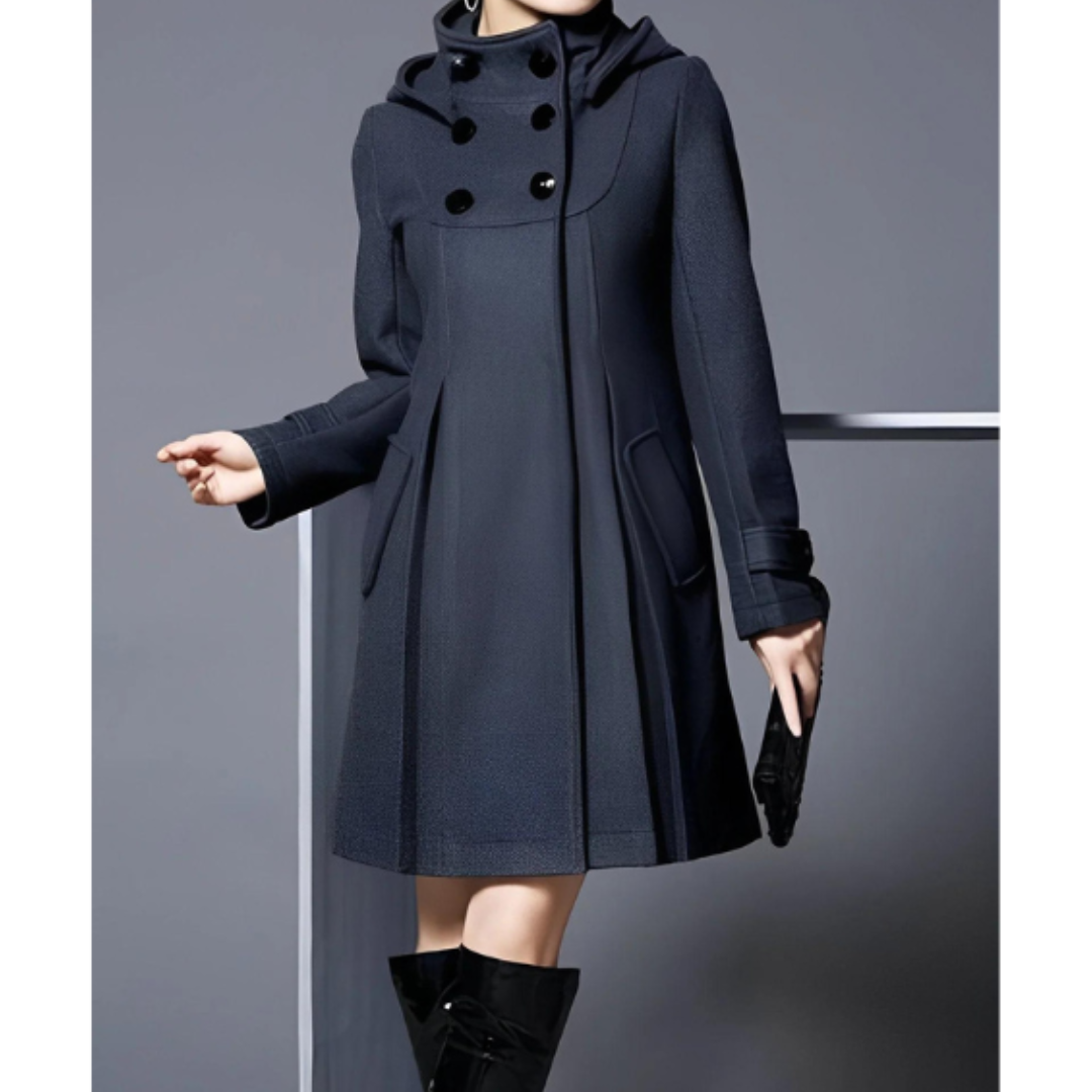 Street-Wave Hooded A-Line Winter Coat For Women With Double-Breasted Front And Lightweight Lining For Chic Warmth