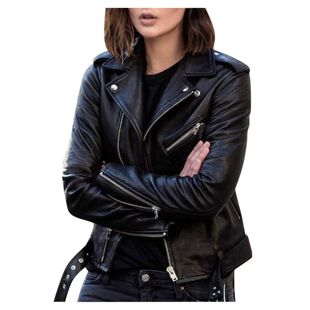 Street-Wave Short Leather Autumn Jacket With Belt And Zippers For Women Modern Biker Style