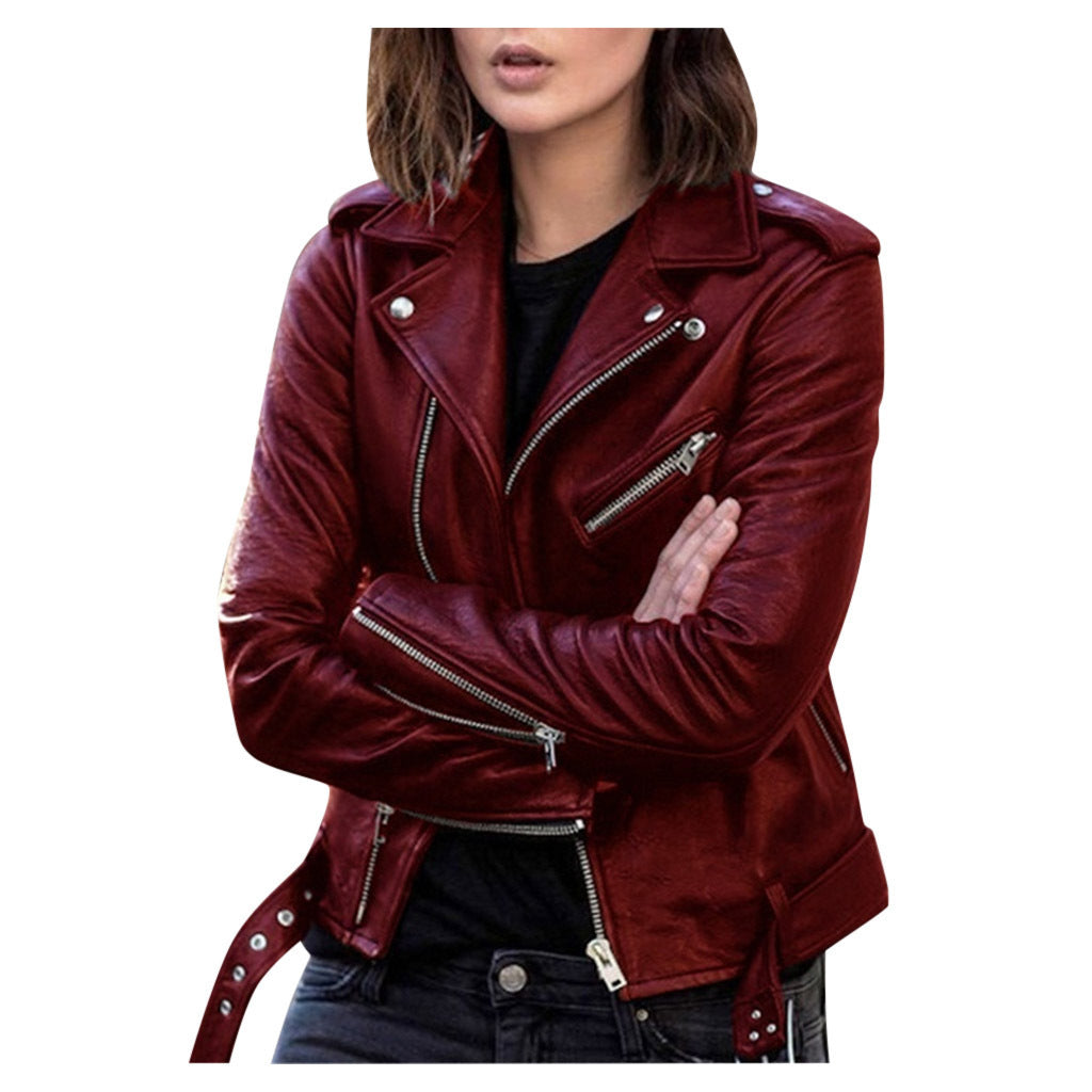 Street-Wave Short Leather Autumn Jacket With Belt And Zippers For Women Modern Biker Style
