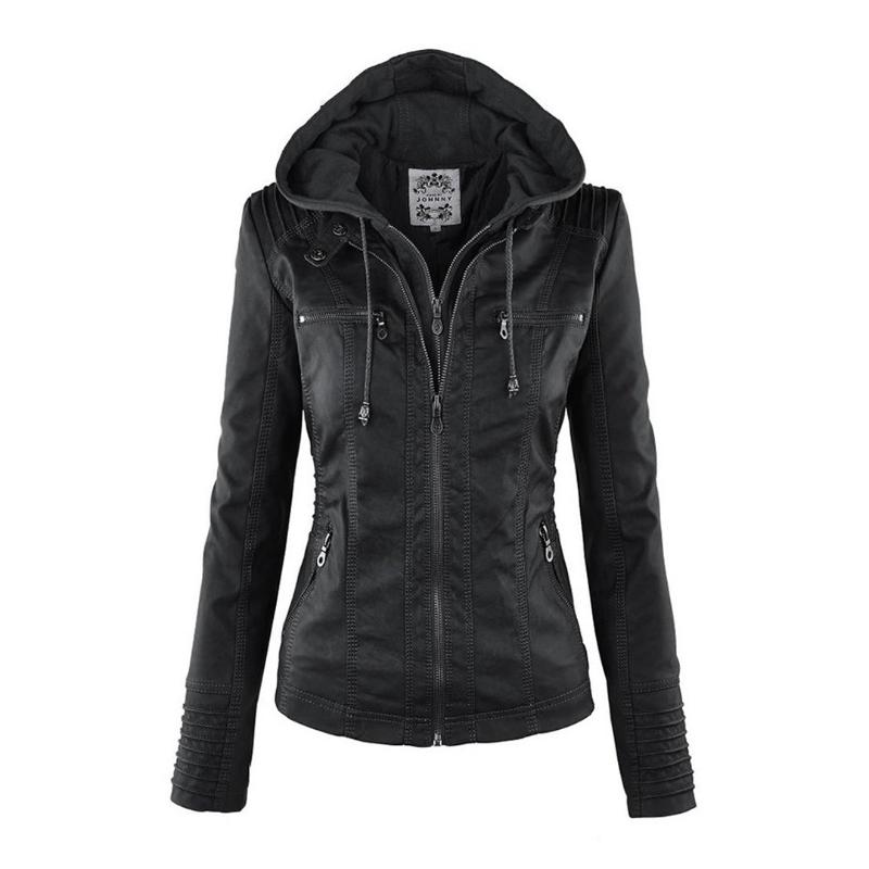 Street-Wave Hooded Short Leather Jacket With Functional Zippers And Pockets For Urban Women