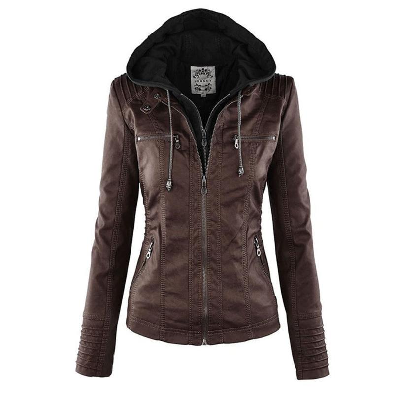 Street-Wave Hooded Short Leather Jacket With Functional Zippers And Pockets For Urban Women