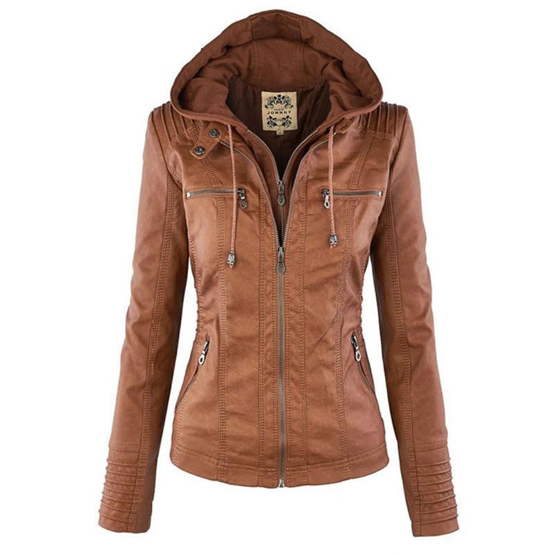 Street-Wave Hooded Short Leather Jacket With Functional Zippers And Pockets For Urban Women