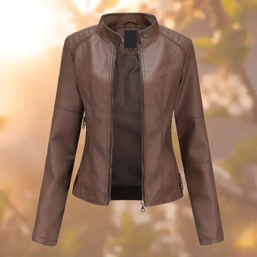 Street Wave Short Leather Jacket For Women Versatile With Zipper Front Stand Collar And Zipper Pockets
