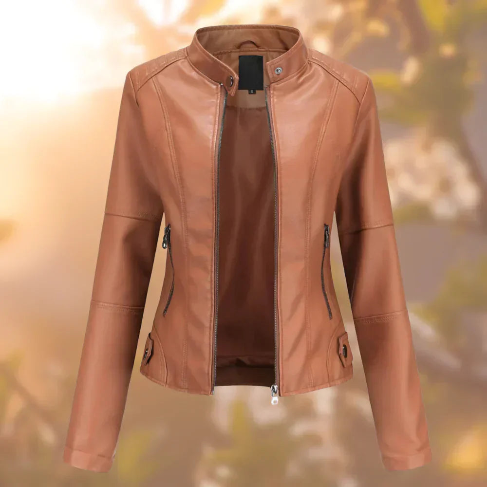 Street Wave Short Leather Jacket For Women Versatile With Zipper Front Stand Collar And Zipper Pockets