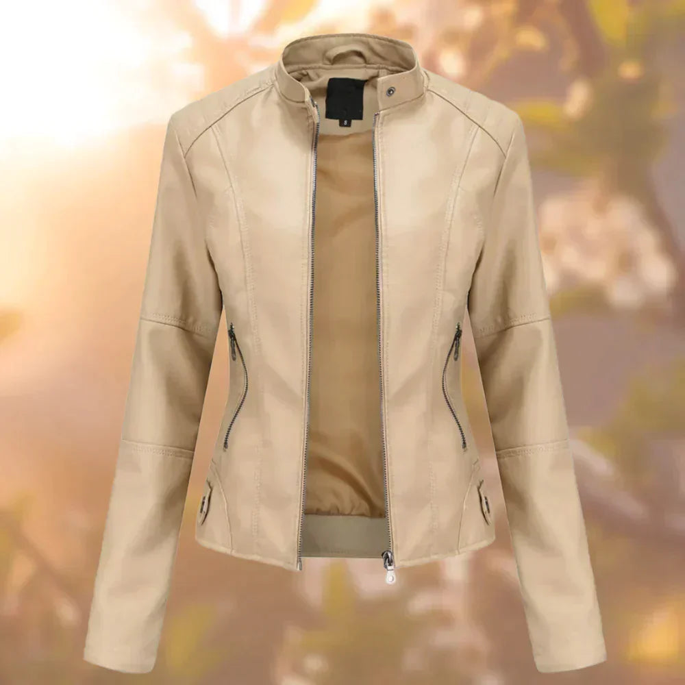 Street Wave Short Leather Jacket For Women Versatile With Zipper Front Stand Collar And Zipper Pockets