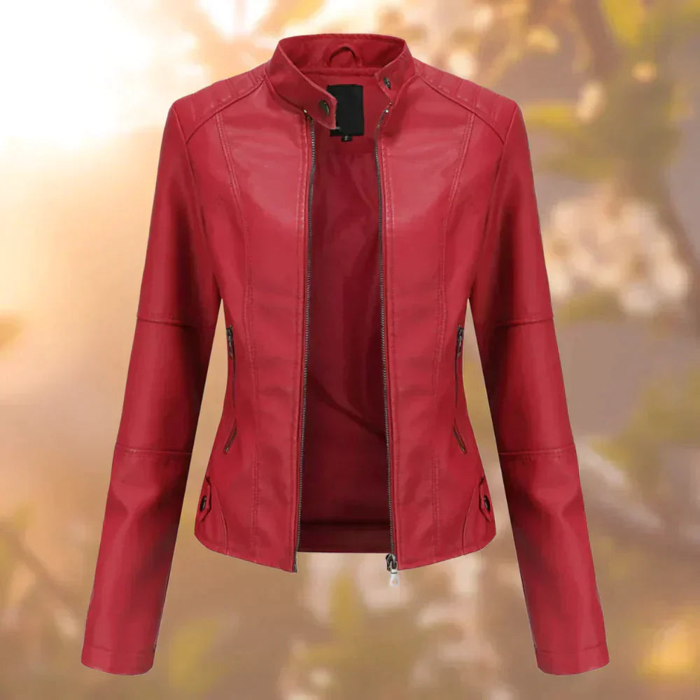 Street Wave Short Leather Jacket For Women Versatile With Zipper Front Stand Collar And Zipper Pockets