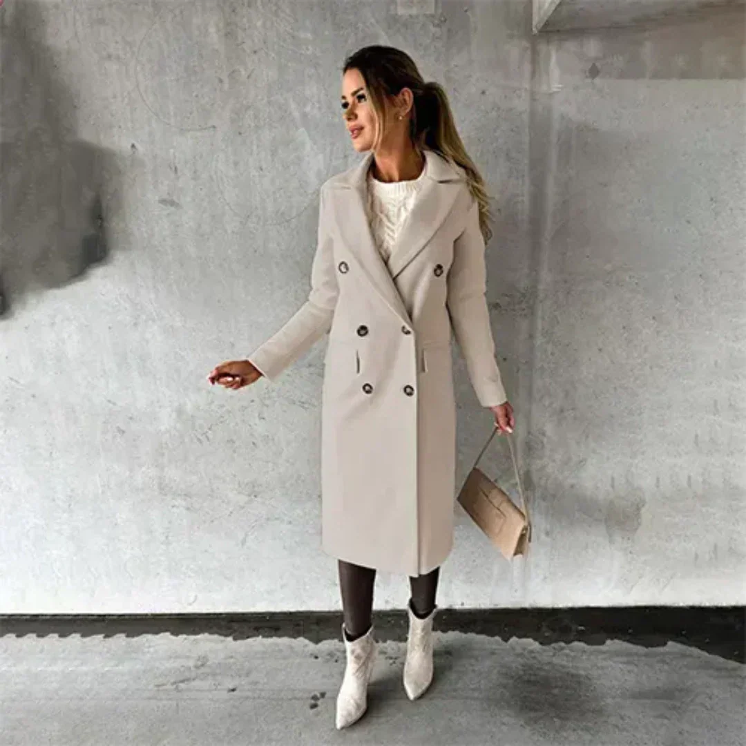 Street-wave Pink Double-Breasted Long Coat For Women Warmth