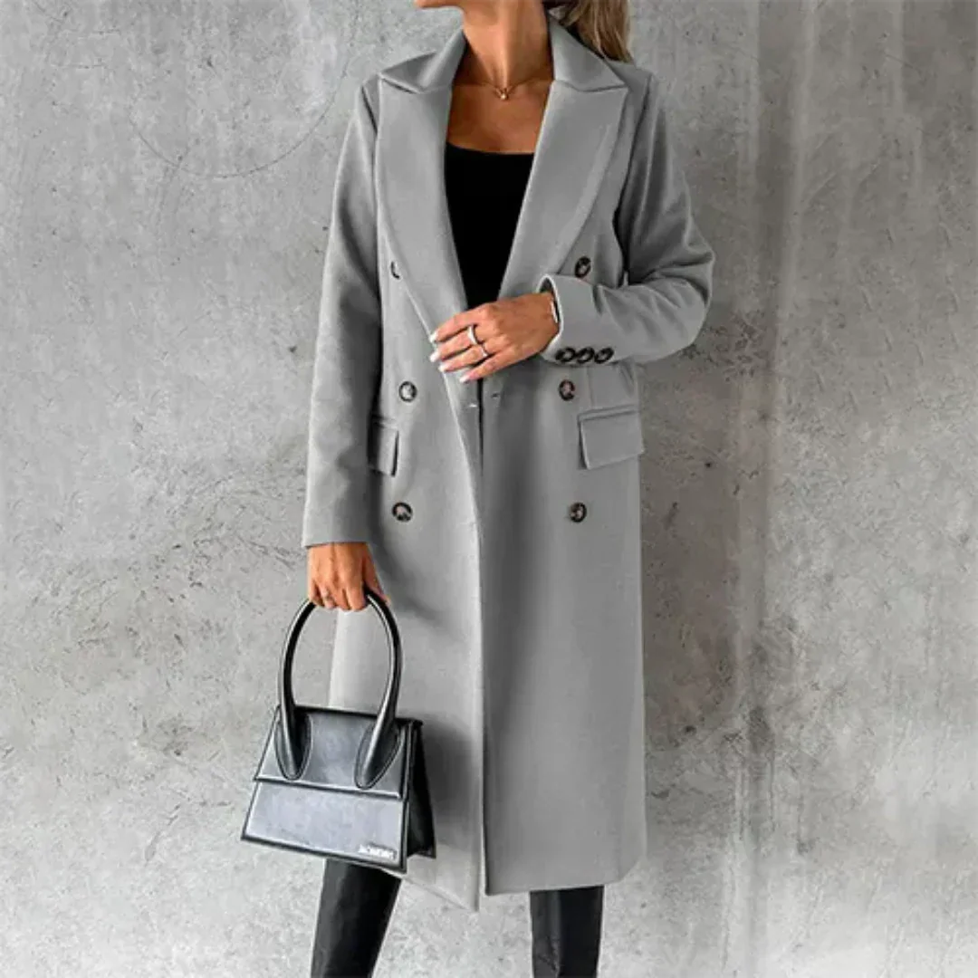 Street-wave Pink Double-Breasted Long Coat For Women Warmth