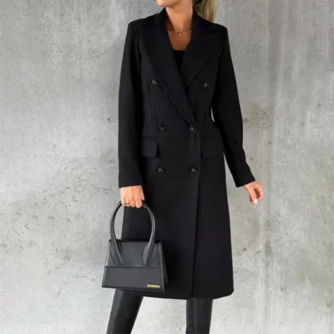 Street-wave Pink Double-Breasted Long Coat For Women Warmth