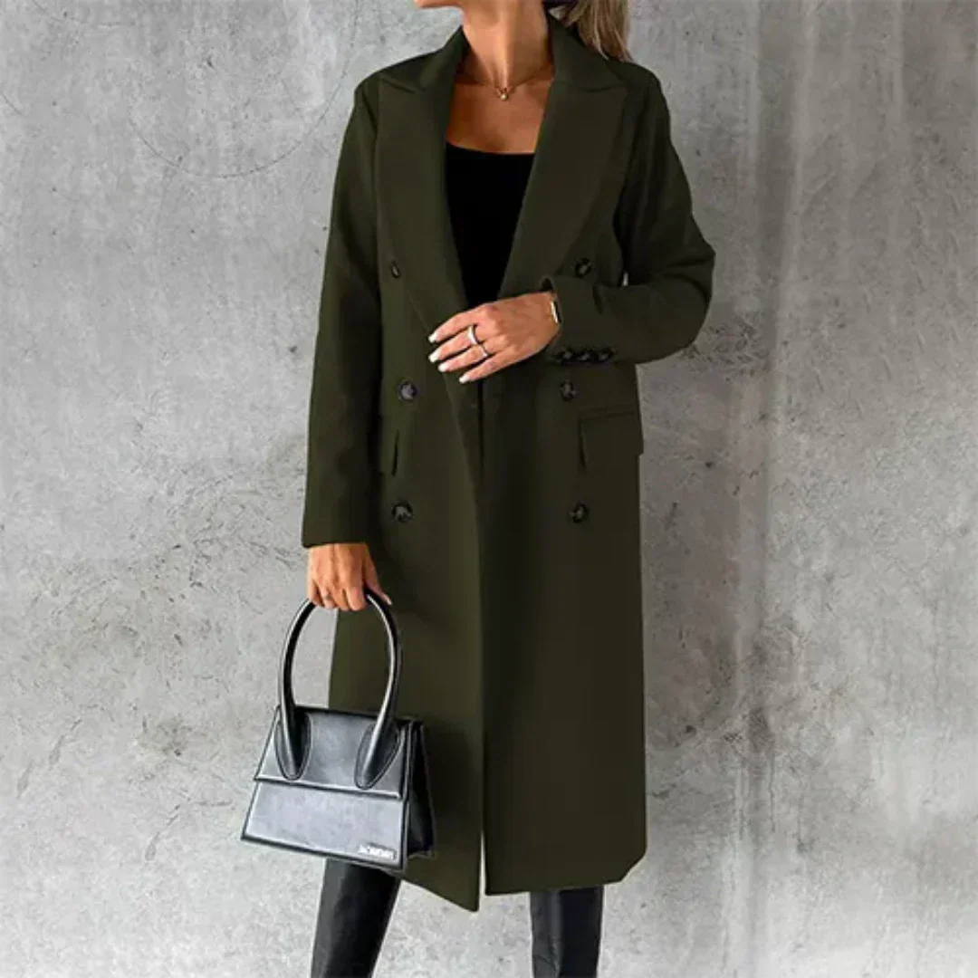 Street-wave Pink Double-Breasted Long Coat For Women Warmth