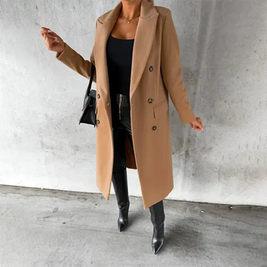 Street-wave Pink Double-Breasted Long Coat For Women Warmth