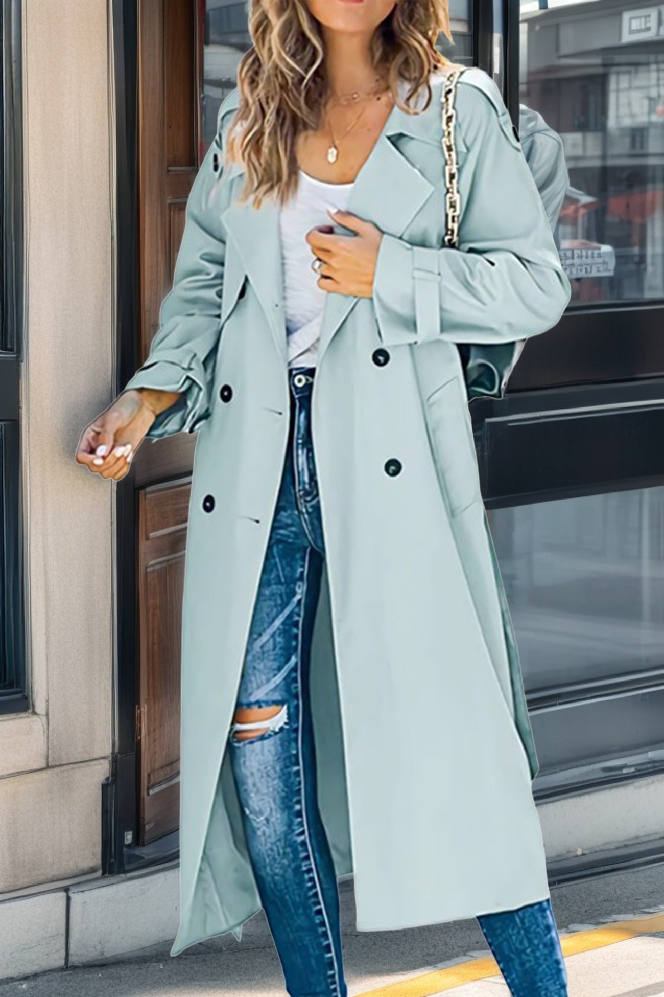Street-wave Longline Double Breasted Trench Coat With Lapel Collar For Women Timeless Sophisticated Everyday Outerwear