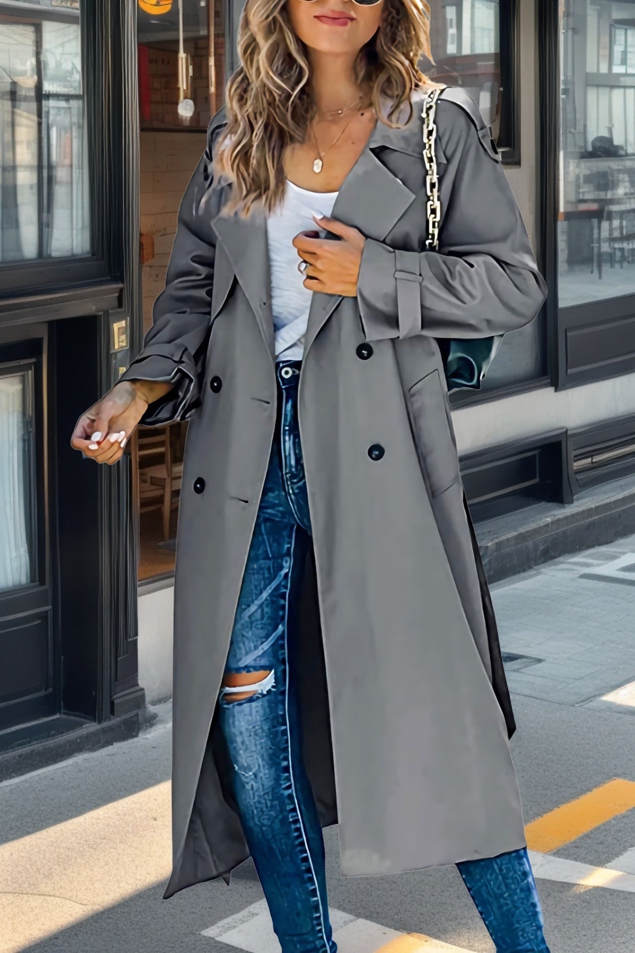 Street-wave Longline Double Breasted Trench Coat With Lapel Collar For Women Timeless Sophisticated Everyday Outerwear