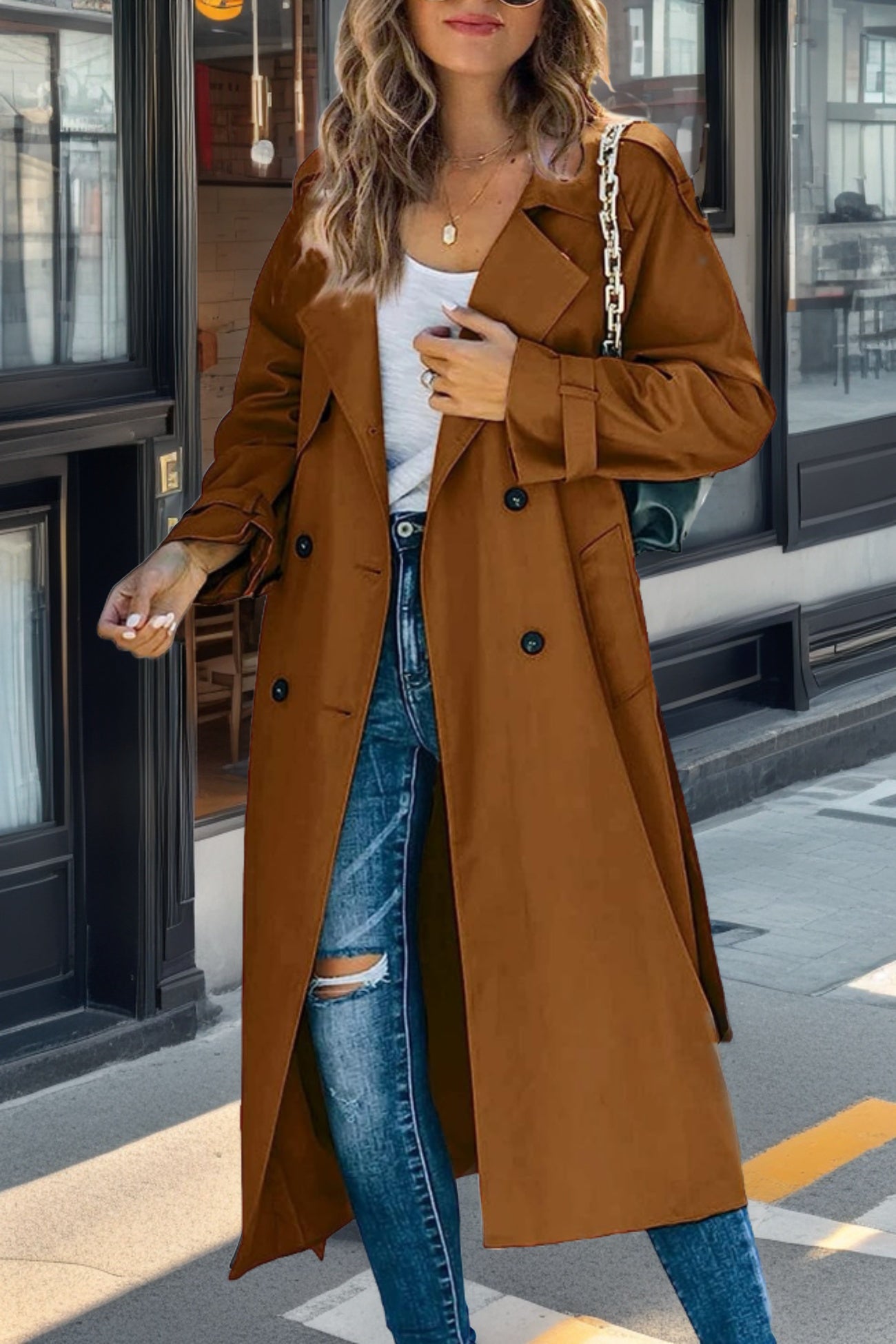 Street-wave Longline Double Breasted Trench Coat With Lapel Collar For Women Timeless Sophisticated Everyday Outerwear