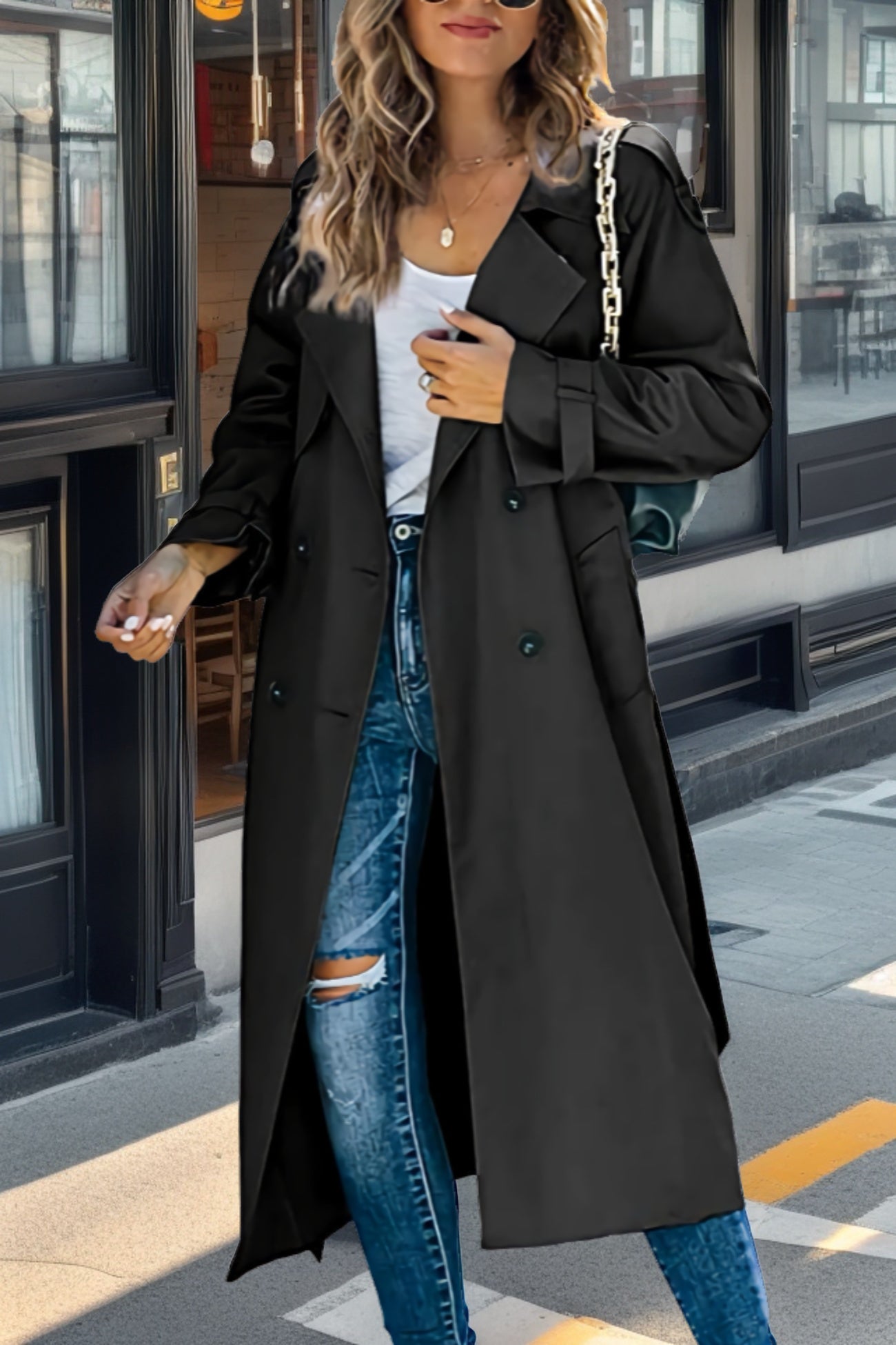 Street-wave Longline Double Breasted Trench Coat With Lapel Collar For Women Timeless Sophisticated Everyday Outerwear