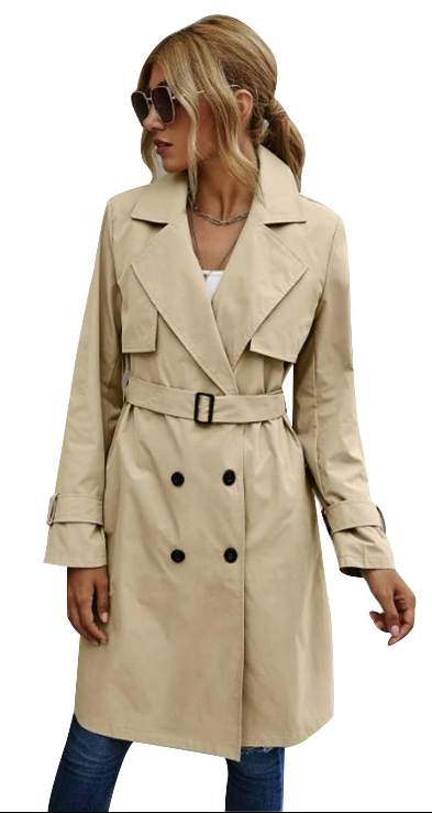 Street-Wave Long Trench Coat With Waist Belt And Button Fastenings For Women Elegant Outerwear