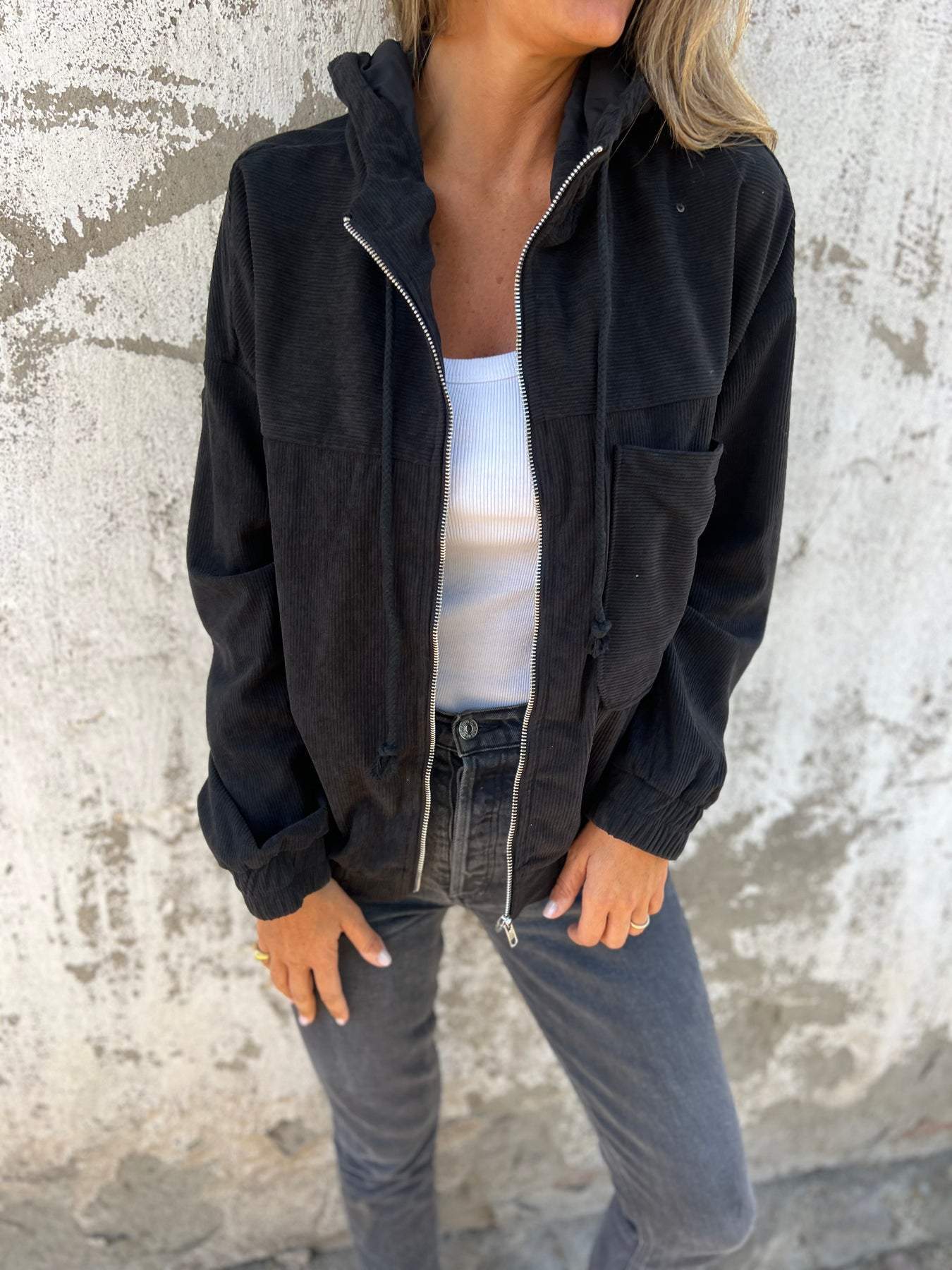 Streetwave Corduroy Hooded Jacket With Zip For Women Effortless Versatile Transitional Outerwear