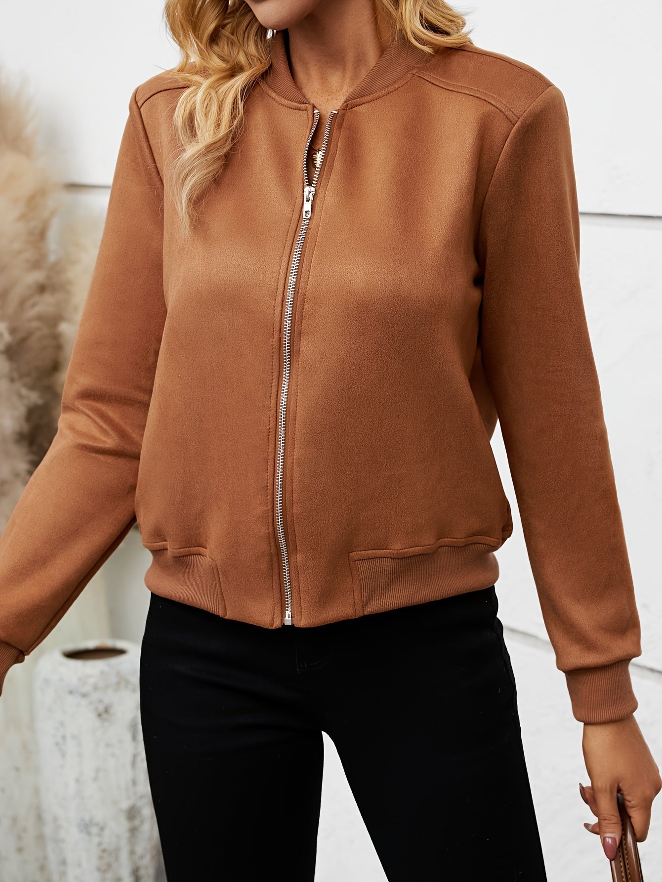 Street-wave Womens Transitional Jacket Black For Autumn - Stylish Warm Leatherlook Bomber Outerwear
