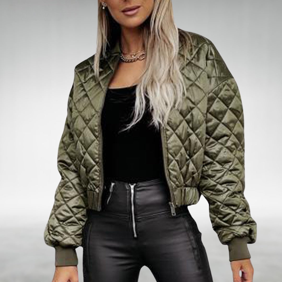 Street Wave Quilted Bomber Jacket With Zip Front For Women Transitional Outerwear