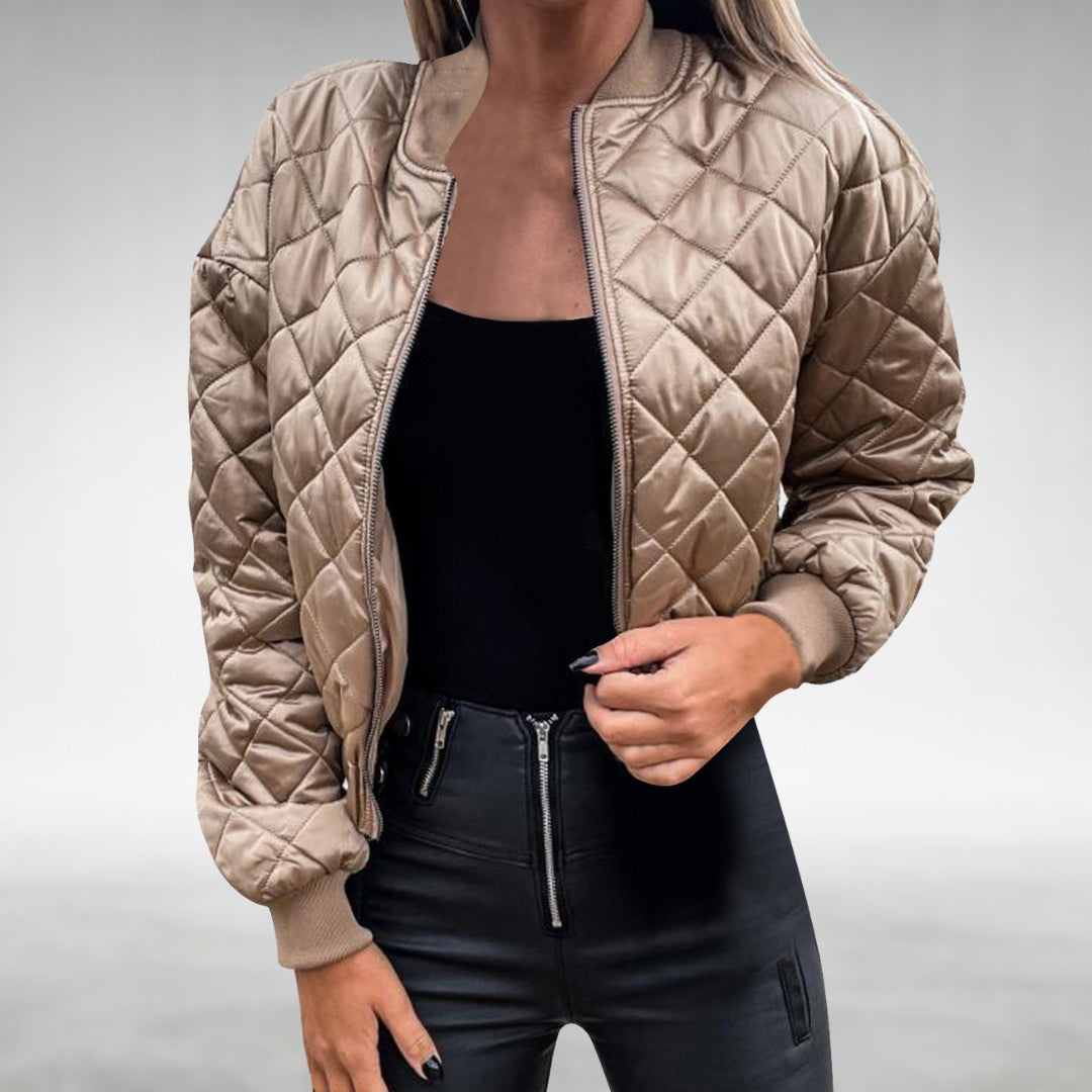 Street Wave Quilted Bomber Jacket With Zip Front For Women Transitional Outerwear