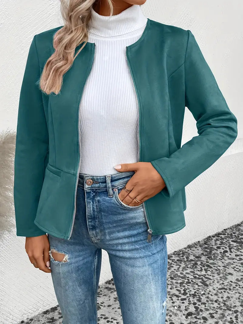 Streetwave Transition Jacket Slim Fit For Women With Zipper Front Crew Neck Elegant Everyday Outerwear