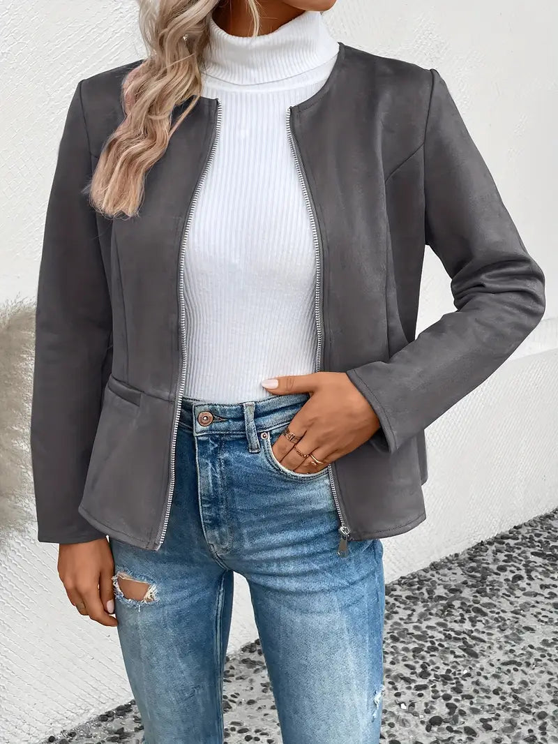 Streetwave Transition Jacket Slim Fit For Women With Zipper Front Crew Neck Elegant Everyday Outerwear