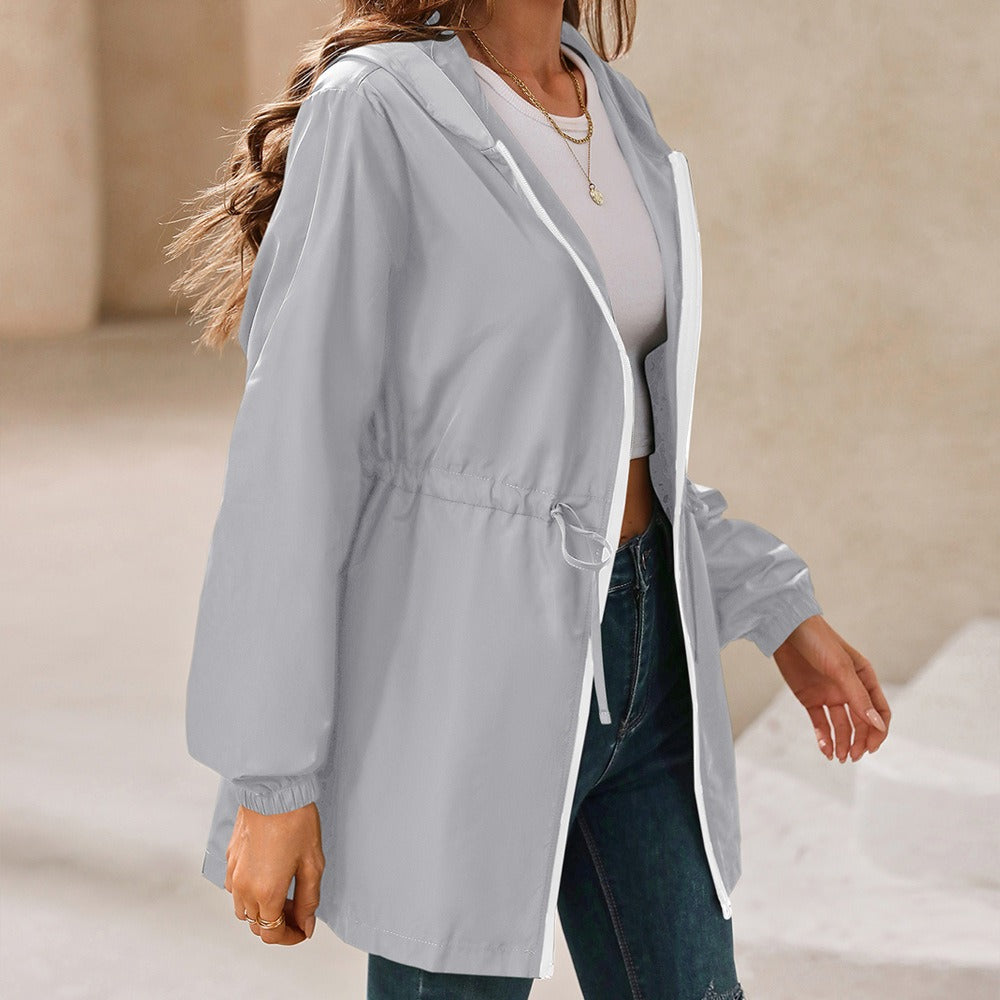 Street Wave Women's Lightweight Hooded Rain Jacket With Drawstring Waist And Full Zip