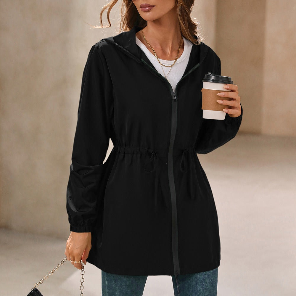 Street Wave Women's Lightweight Hooded Rain Jacket With Drawstring Waist And Full Zip