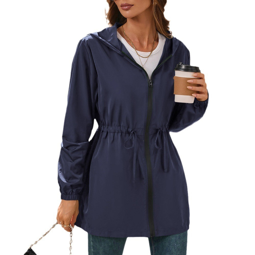 Street Wave Women's Lightweight Hooded Rain Jacket With Drawstring Waist And Full Zip